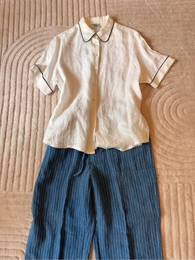 Laura Ashley classic White Short Sleeve Shirt with Navy trim.